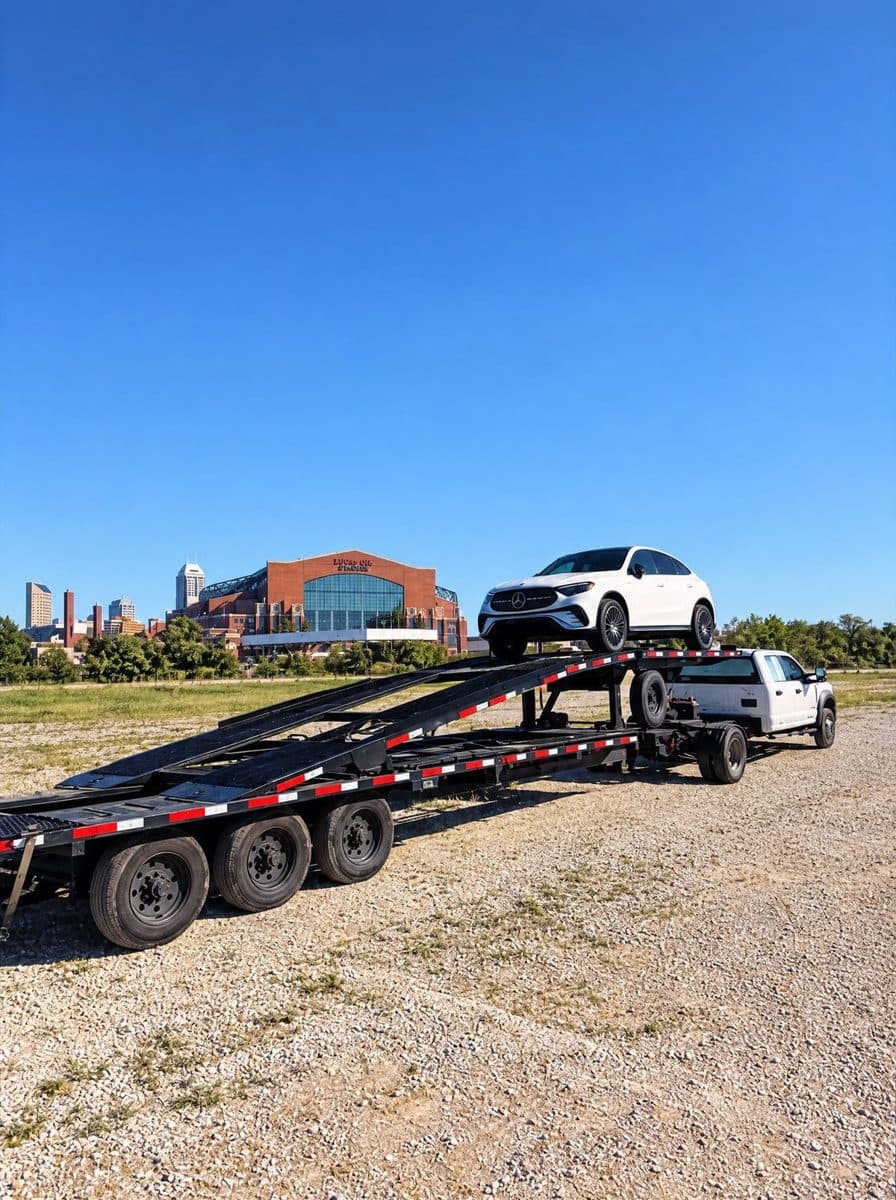 Velocity Logistics Ford Super Duty and car hauler outside Lucas Oil Stadium in Indianapolis