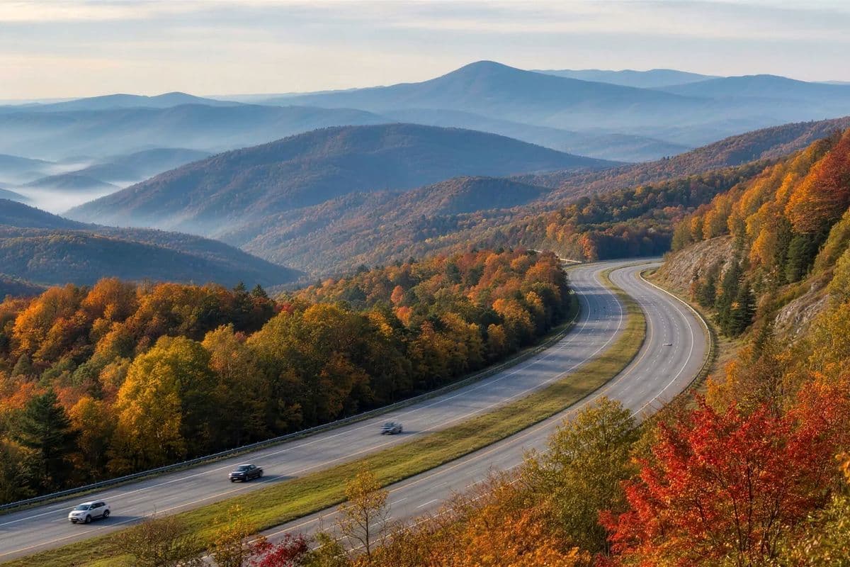 Interstate curving through mountain ridges in autumn color