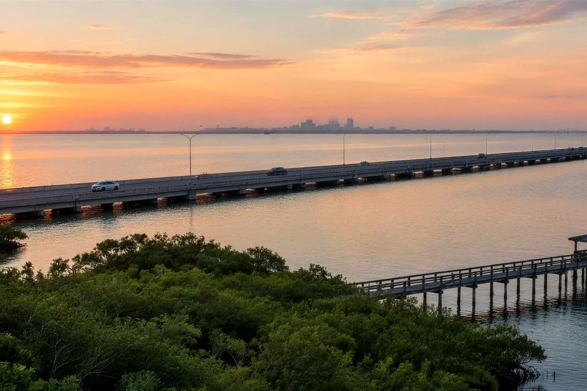 Long causeway across a calm bay at sunrise, mangroves and a fishing pier in front