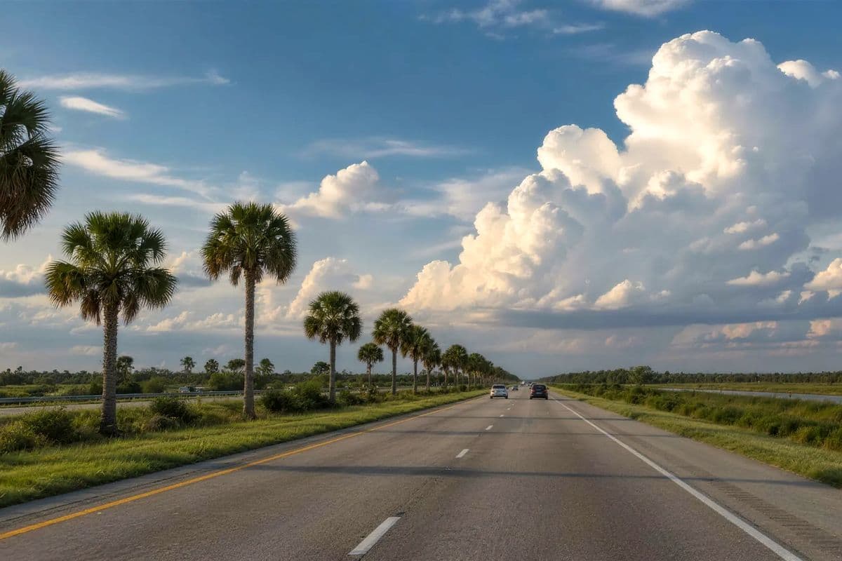 A palm-lined Florida highway under a clear sky