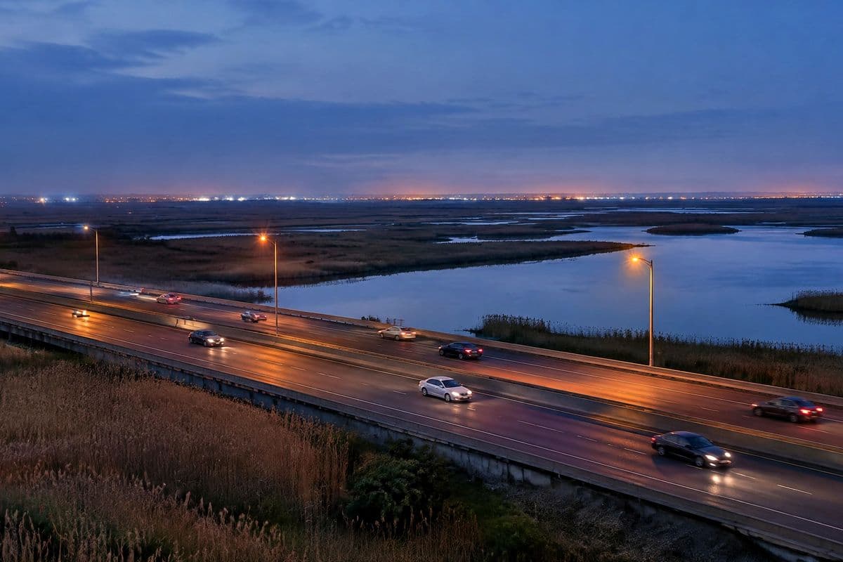 Highway across tidal marsh at dusk, streetlights on and distant city lights on the horizon