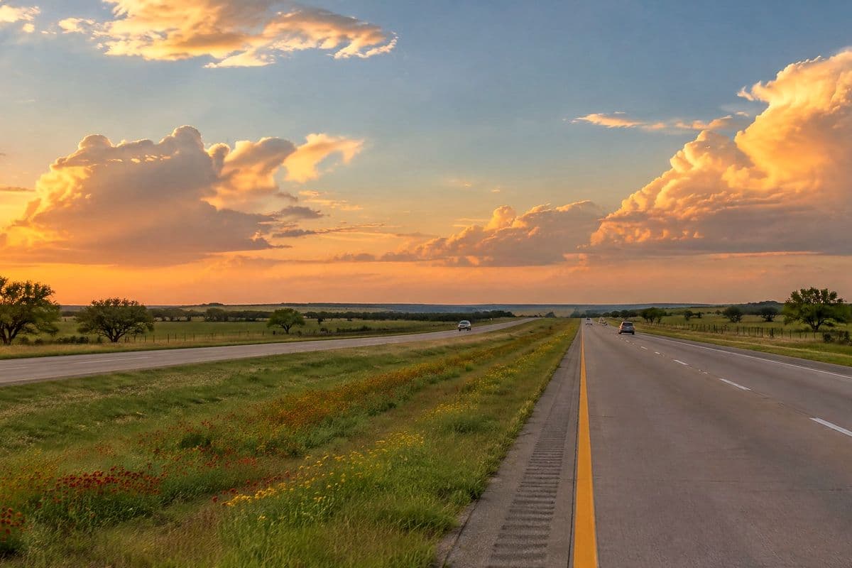 Interstate across open prairie and ranch land at golden hour, wildflowers in the median