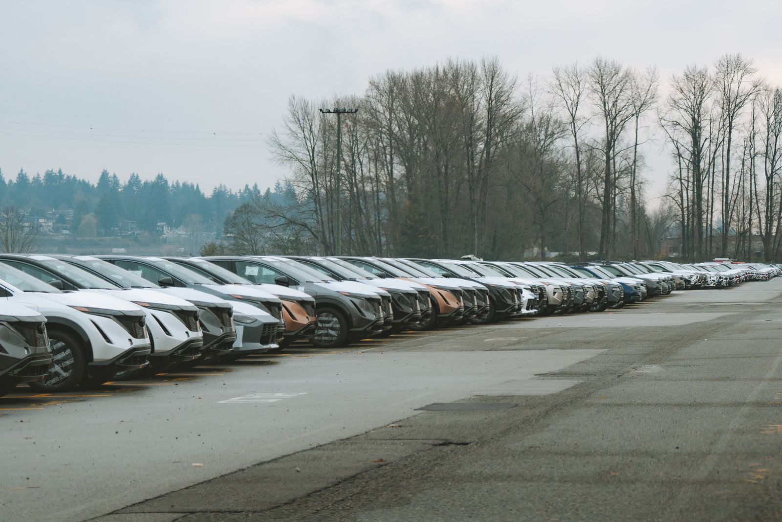 A long row of new vehicles parked at a lot, waiting to be shipped by auto transport carriers